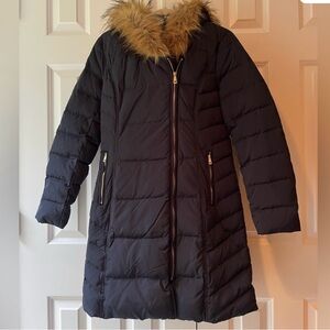 Cole Haan Women's Navy Puffer Coat with Faux Fur Trim